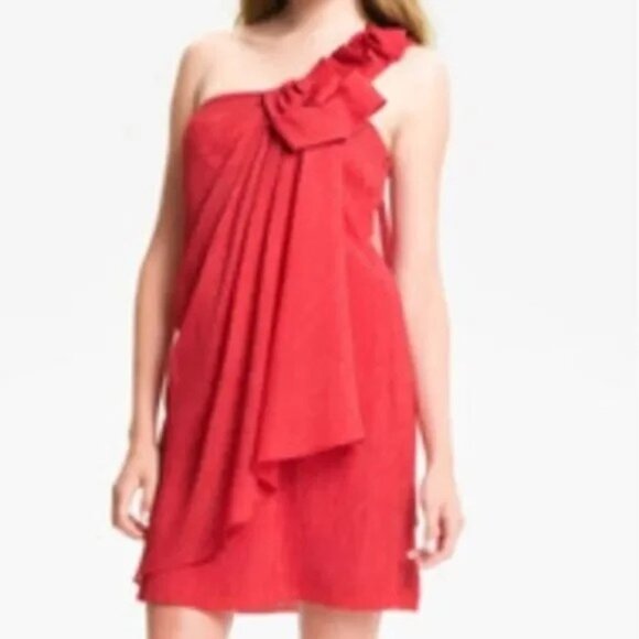 Max & Cleo Crimson Red One Shoulder Dress Ruffle Bow Sheer Overlay Size 10 - Picture 2 of 11